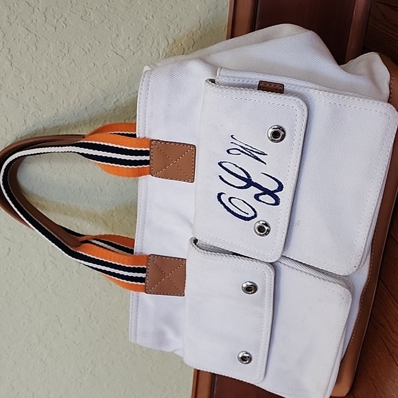 ‼️NWOT Pottery Barn White and Orange Seacliff Canvas Tote with Striped Handles - Picture 7 of 17